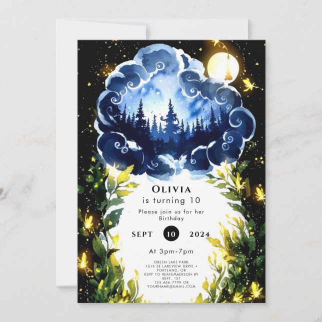 Invitación Firefly Fantasy Woodland Cumpleaños (Anverso)