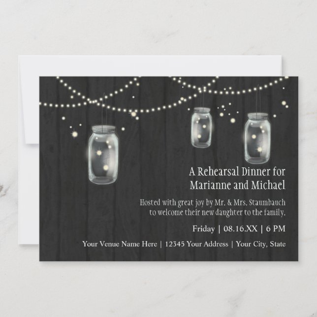 Invitación Firefly Mason Jar Rustic Country Night Bodas (Anverso)