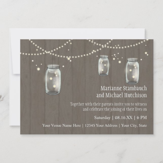 Invitación Firefly Mason Jar Rustic Country Night Bodas (Anverso)