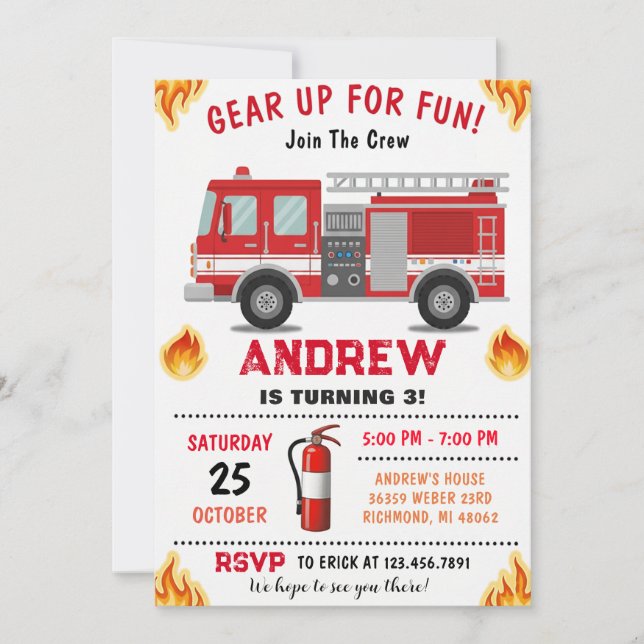 Invitación Firetruck Birthday Party for boy (Anverso)
