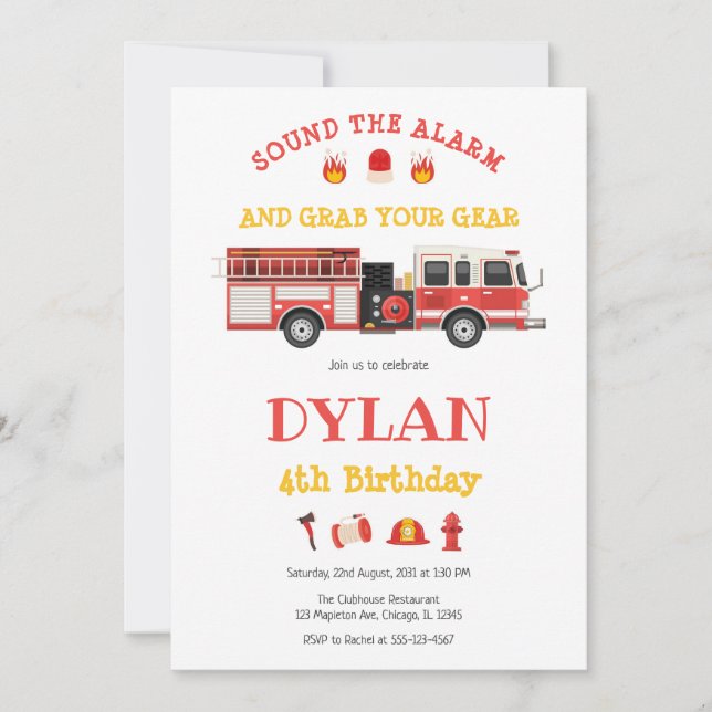 Invitación Firetruck Firefighter Kids Birthday Invitation (Anverso)