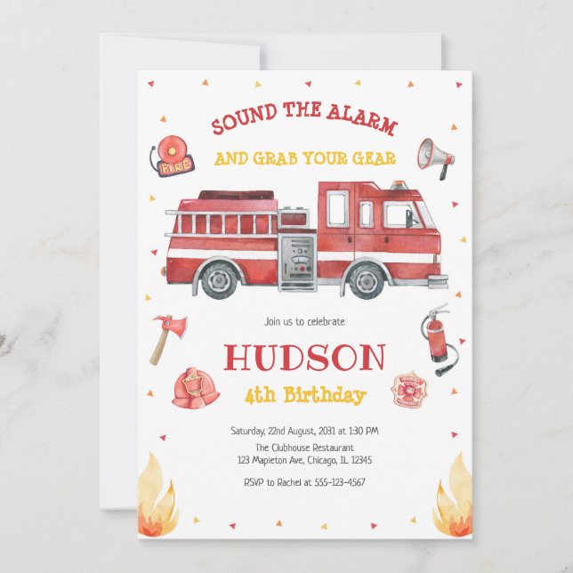 Invitación Firetruck Firefighter Kids Birthday Invitation (Anverso)