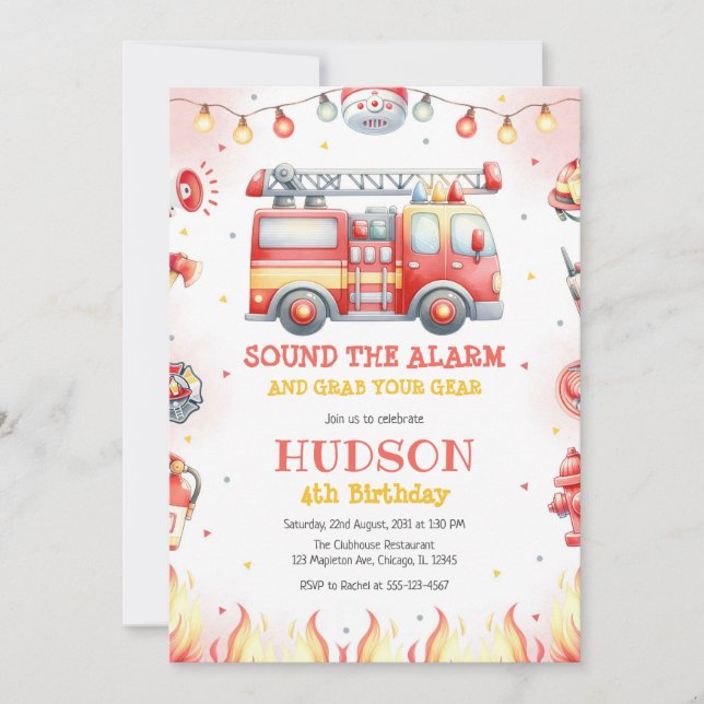 Invitación Firetruck Firefighter Kids Birthday Invitation (Anverso)