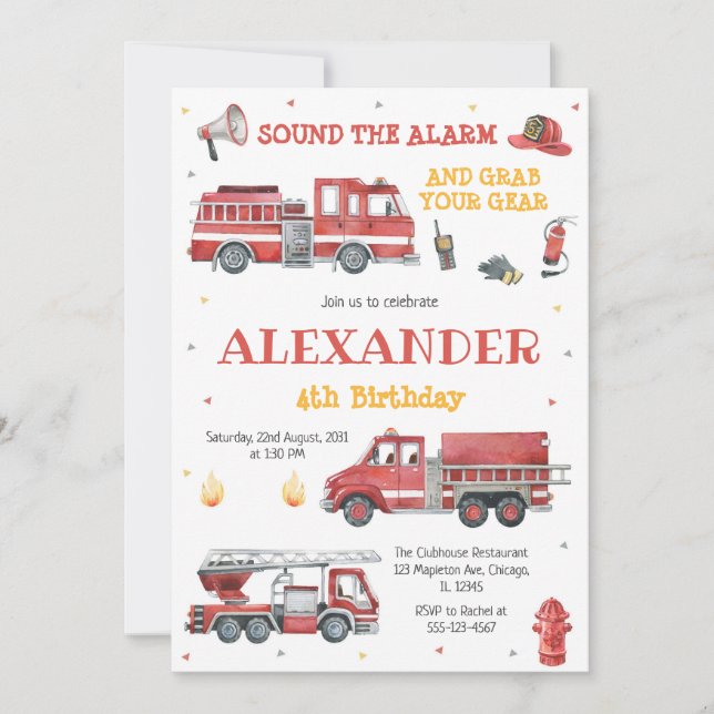 Invitación Firetruck Firefighter Kids Birthday Invitation (Anverso)