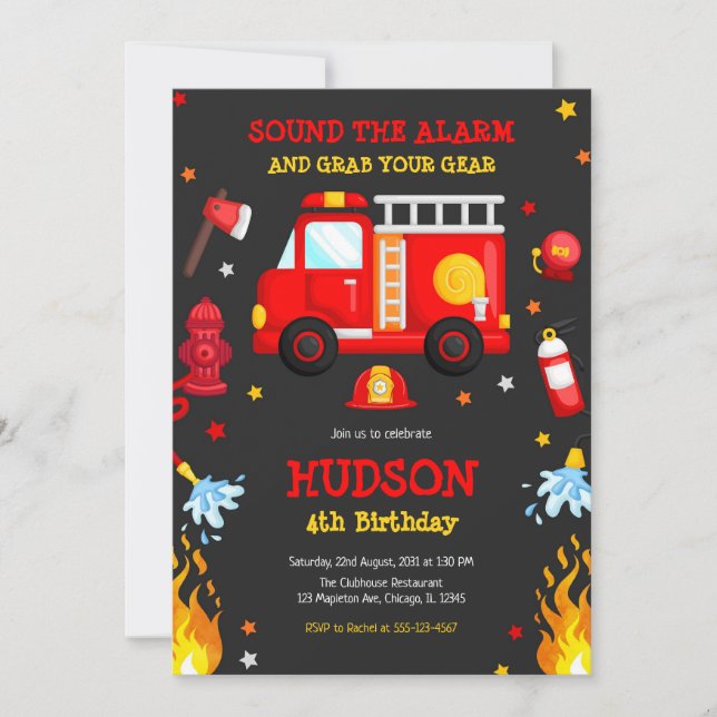 Invitación Firetruck Firefighter Kids Birthday Invitation (Anverso)