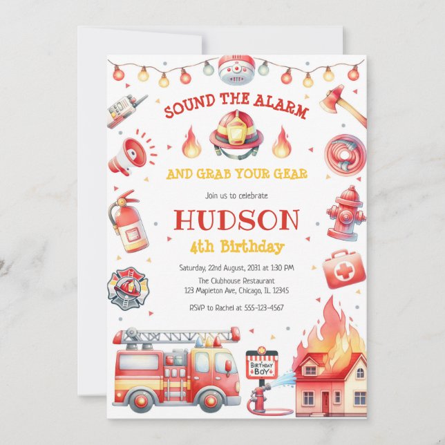 Invitación Firetruck Firefighter Kids Birthday Invitation (Anverso)
