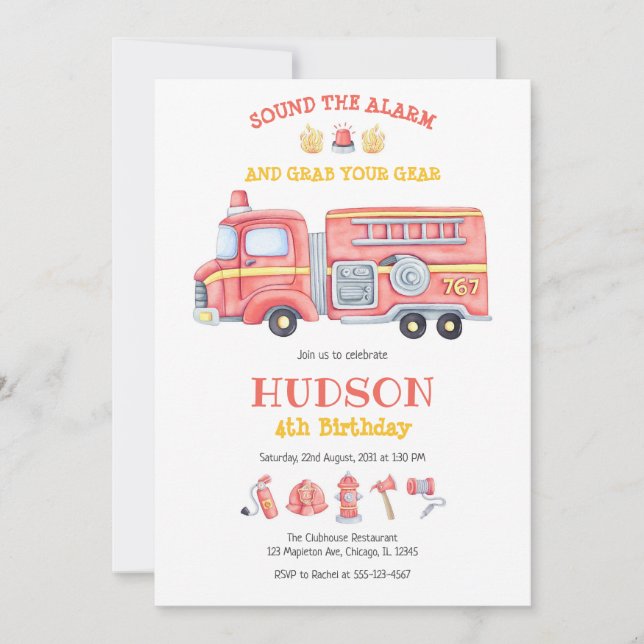 Invitación Firetruck Firefighter Kids Birthday Invitation (Anverso)