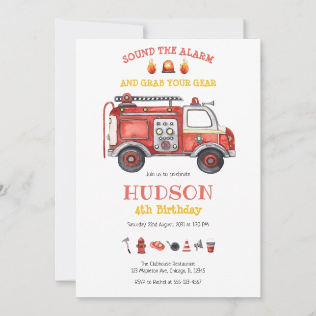 Invitación Firetruck Firefighter Kids Birthday Invitation (Anverso)