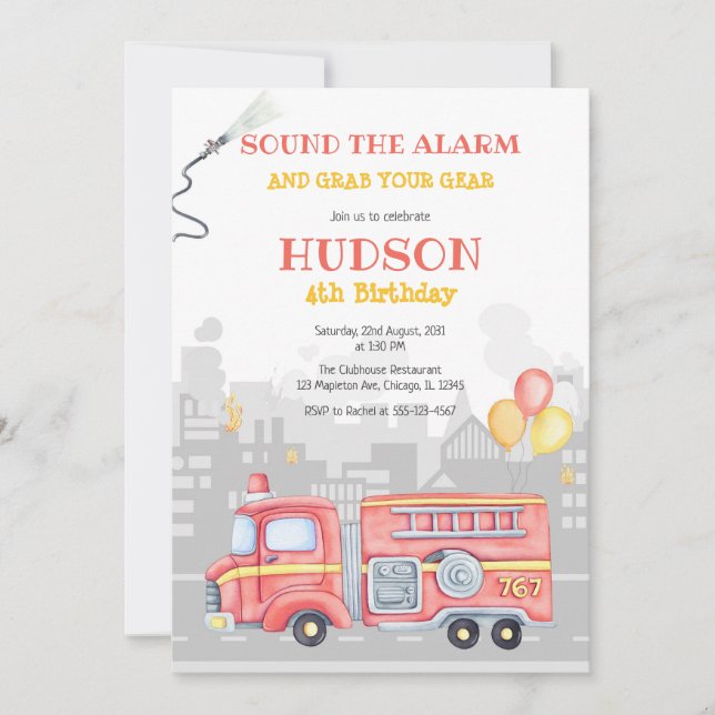 Invitación Firetruck Firefighter Kids Birthday Invitation (Anverso)