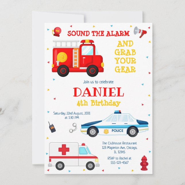 Invitación Firetruck Firefighter Kids Birthday Invitation (Anverso)