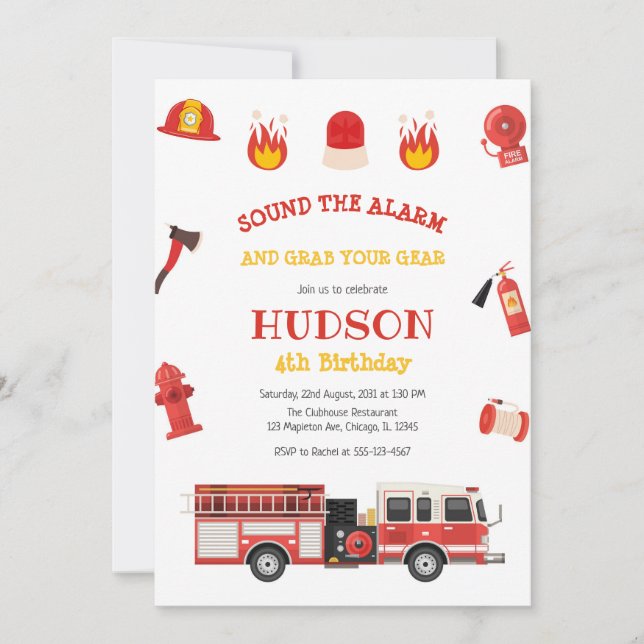 Invitación Firetruck Firefighter Kids Birthday Invitation (Anverso)