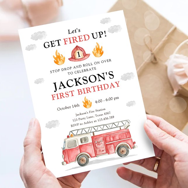Invitación Firetruck Let's Get Fired Up Boy First Birthday (Subido por el creador)