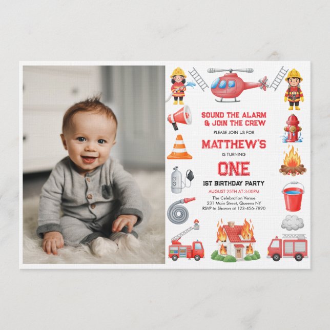 Invitación Firetrucks Boy 1st Birthday | Cute Little party In (Anverso)