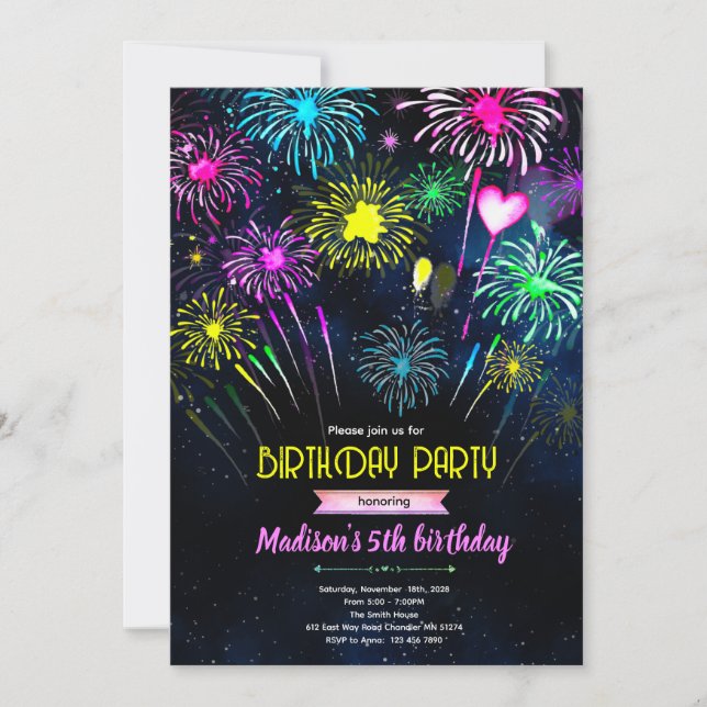 Invitación Fireworks Birthday party Invitation (Anverso)