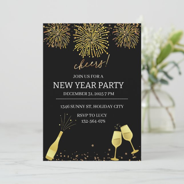 Invitación Fireworks Champagne New Year Party (Anverso de pie)