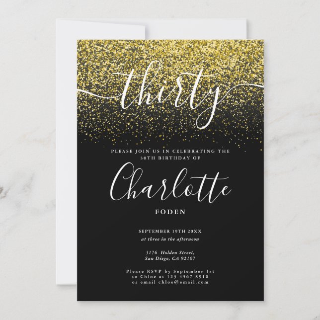 Invitación Firma 30.º cumpleaños Purpurina de oro Confetti (Anverso)