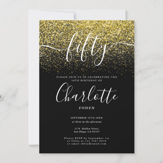 Invitación Firma 50 cumpleaños Purpurina de oro Confetti (Anverso)