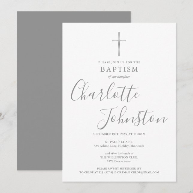 Invitación Firma de plata para bautizo moderna (Anverso / Reverso)