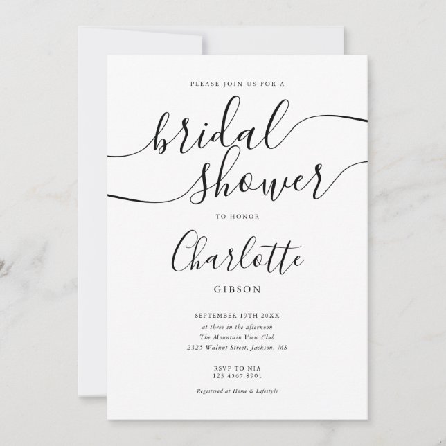 Invitación Firma Script Ducha De Novias En Blanco Y Negro (Anverso)
