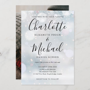 Invitación Firma Script Snowflakes Winter Wedding Photo