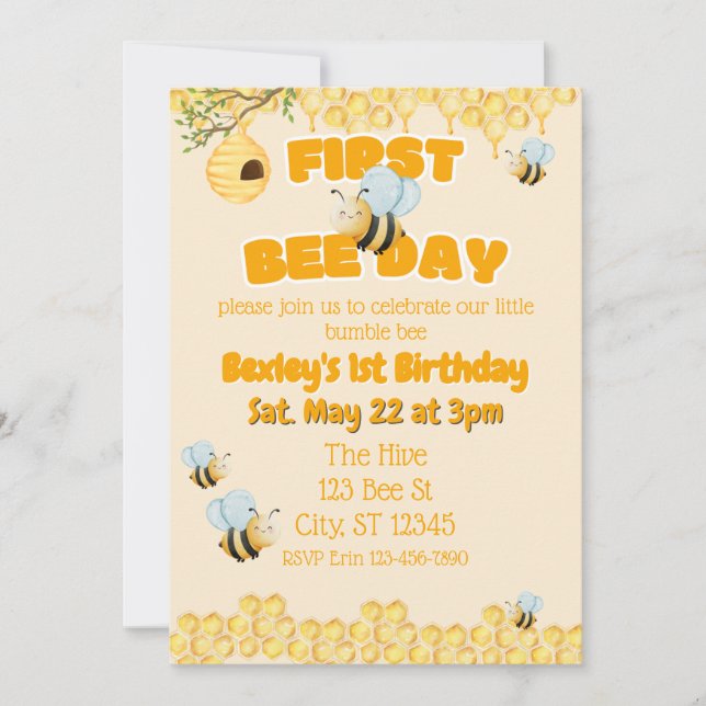 Invitación First Bee Day, Bumble Bee 1st Birthday (Anverso)