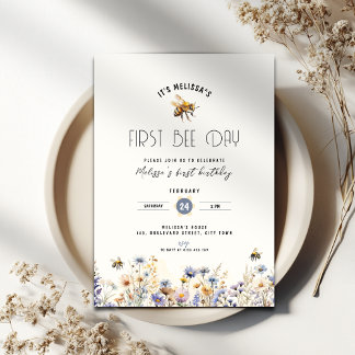 Invitación First Bee Day - Floral Bee Honey 1st Birthday