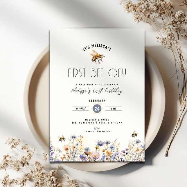 Invitación First Bee Day - Floral Bee Honey 1st Birthday (First bee day invitation)