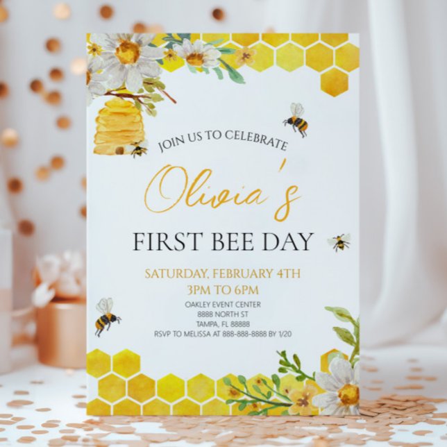 Invitación First Bee Day Floral Honey Bee 1st Birthday Party (Subido por el creador)