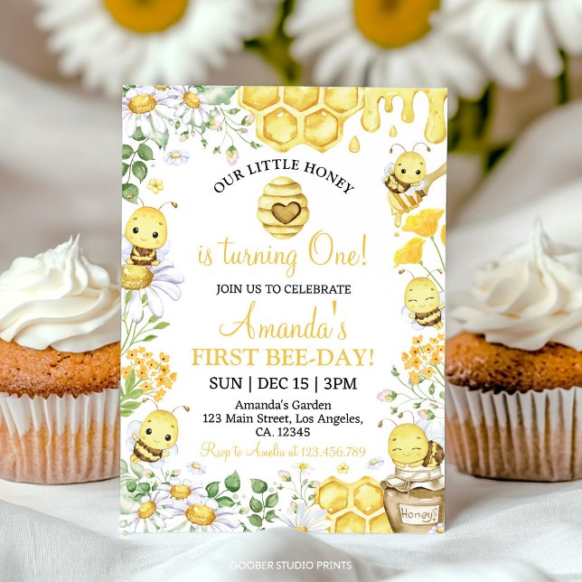 Invitación First Bee Day Floral Honey Bee Birthday Party (Subido por el creador)