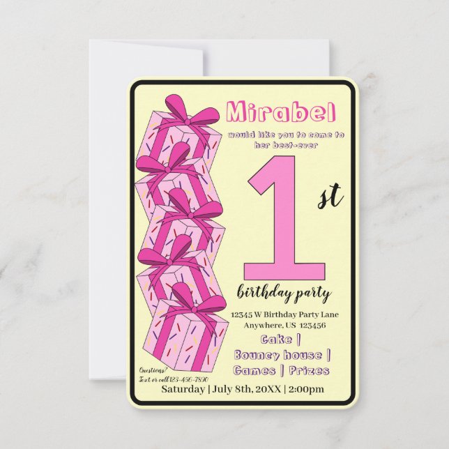 Invitación First Birthday Invitation Custom Pink Gift Theme  (Anverso)