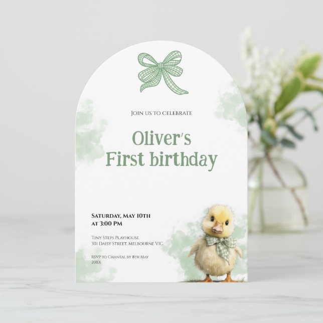 Invitación First Birthday Invitation Duck Bow Baby Birthday (Anverso de pie)