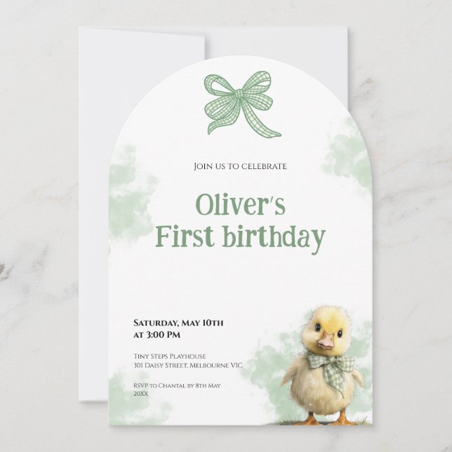 Invitación First Birthday Invitation Duck Bow Baby Birthday (Anverso)