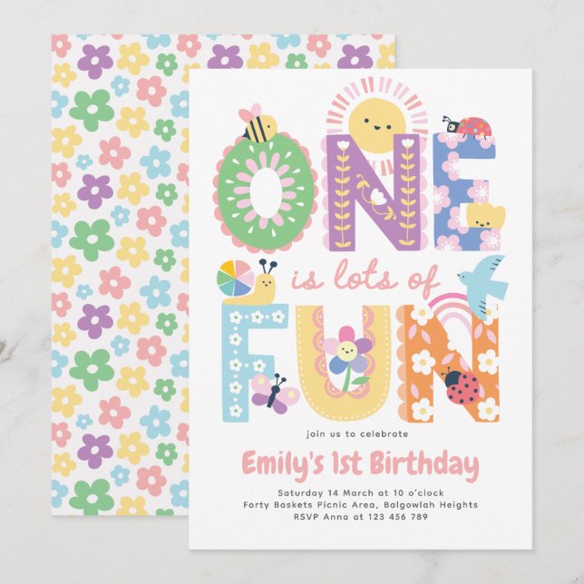Invitación First Birthday Invite Girl, One is lots of Fun (Anverso / Reverso)