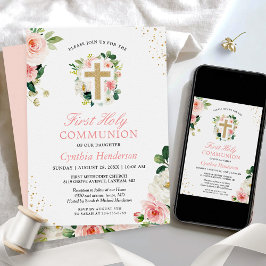 Invitación First Communion Blush Pink Floral Gold Glitters
