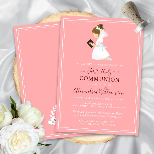 Invitación First Communion Brunette Girl Peach Pink (First Communion Brunette Girl Peach Pink Invitation)