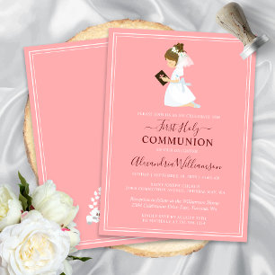 Invitación First Communion Brunette Girl Peach Pink