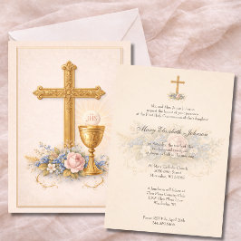 Invitación First Communion Chalice Host  Floral 