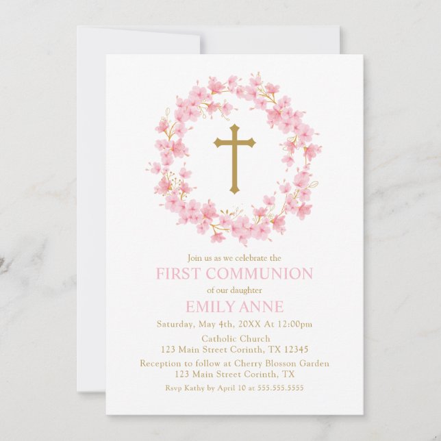 Invitación First Communion Cherry Blossom floral I (Anverso)