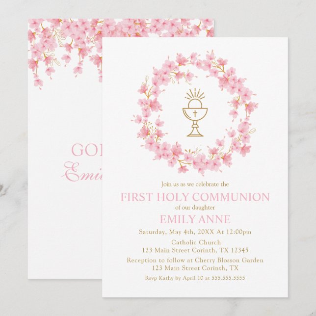 Invitación First Communion Cherry Blossom floral Invitation  (Anverso / Reverso)