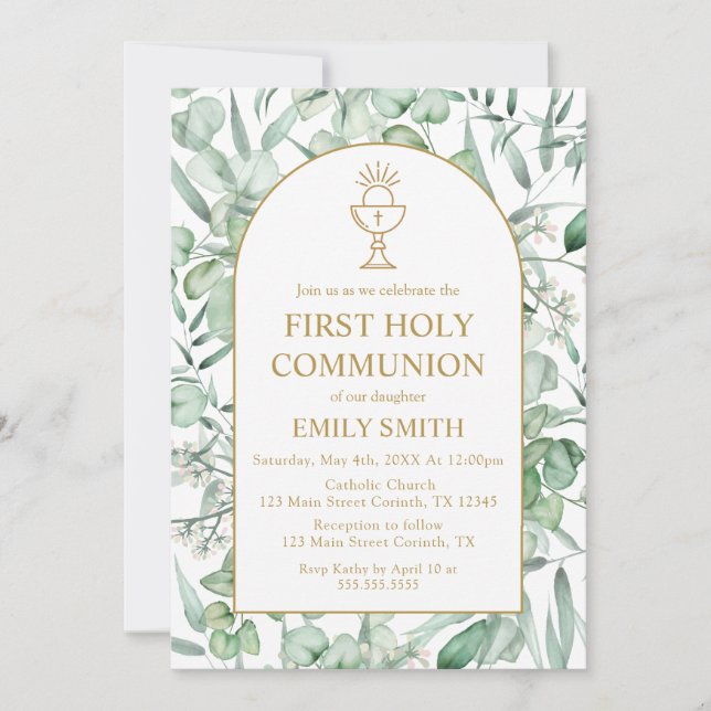 Invitación First Communion Eucalyptus leaves (Anverso)