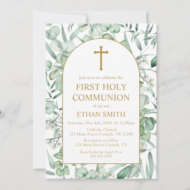 Invitación First Communion Eucalyptus leaves Invitation (Anverso)