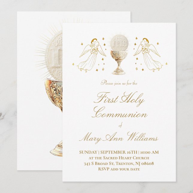 Invitación First Communion Eucharist golden angels Invitation (Anverso / Reverso)