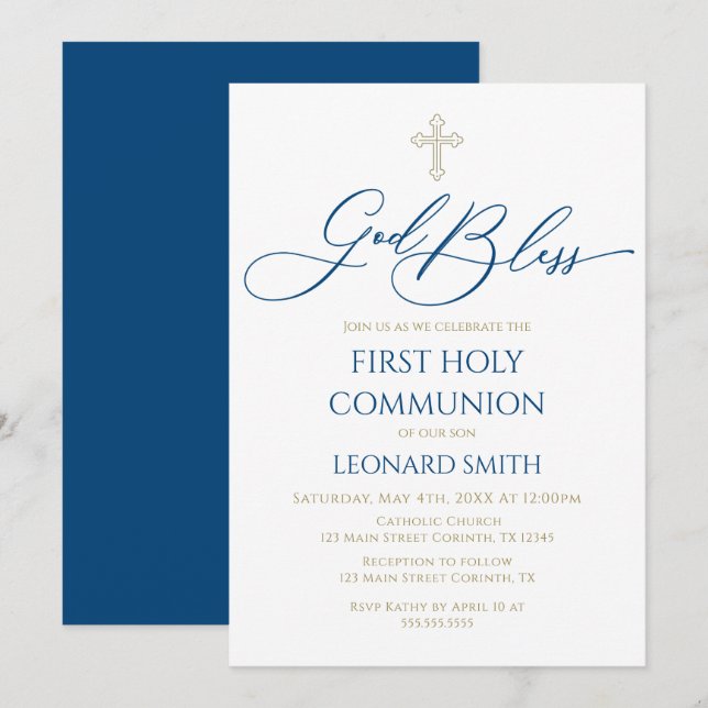 Invitación First Communion God Bless Blue Invitation (Anverso / Reverso)