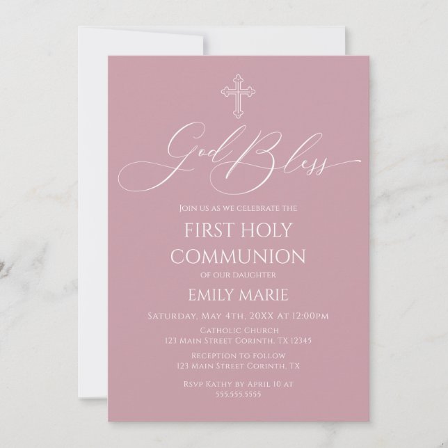 Invitación First Communion God Bless Mauve Invitation (Anverso)