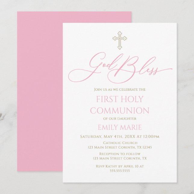 Invitación First Communion God Bless pink Invitation (Anverso / Reverso)
