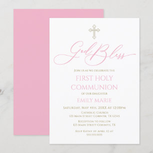Invitación First Communion God Bless pink Invitation