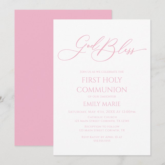 Invitación First Communion God Bless pink Invitation (Anverso / Reverso)