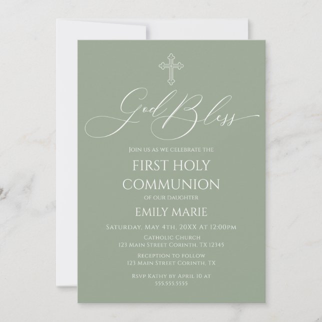 Invitación First Communion God Bless Sage Invitation (Anverso)