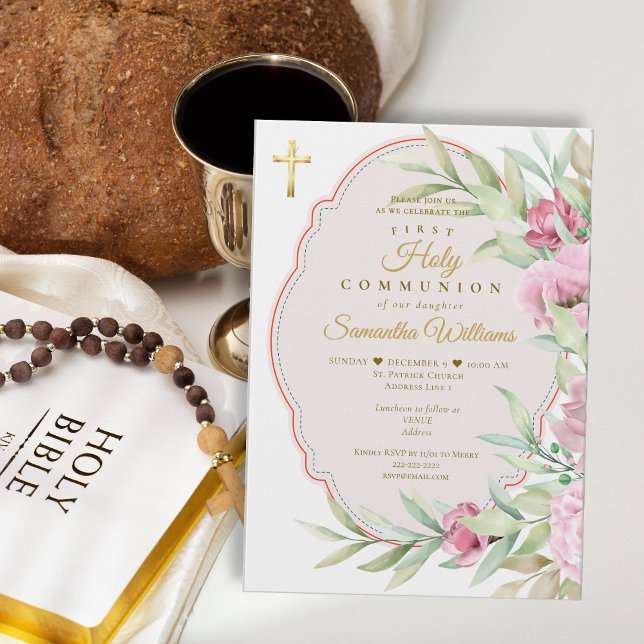 Invitación First Communion Pink Floral Watercolor Gold Cross (Girl First Communion Elegant Pink Floral Watercolor Gold Cross Invitation)