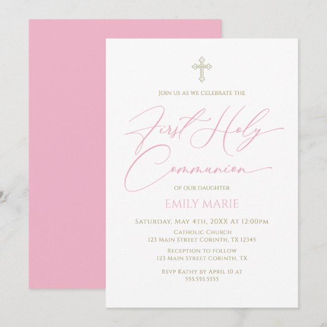 Invitación First Communion Pink Invitation (Anverso / Reverso)